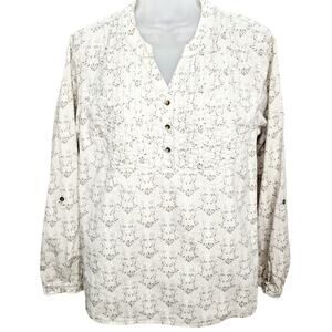 Bit & Brindle V Neck Cotton Long Sleeve Pleated Front Women's Shirt Size L